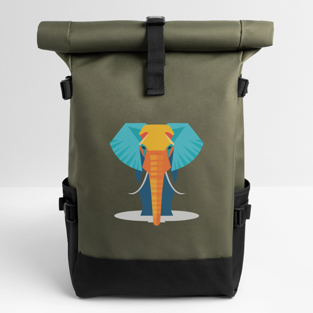 Rolltop Rucksack Elefant bunt - Olive/Schwarz