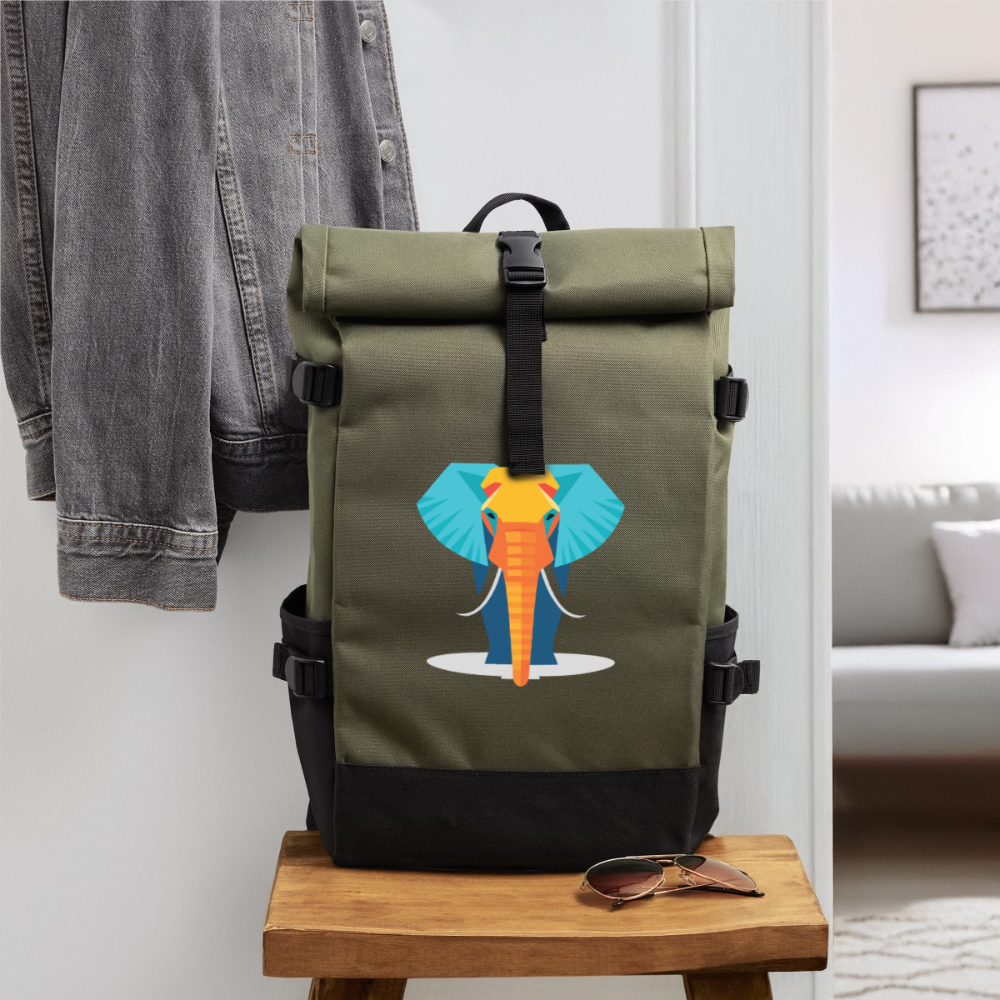 Rolltop Rucksack Elefant bunt - Olive/Schwarz