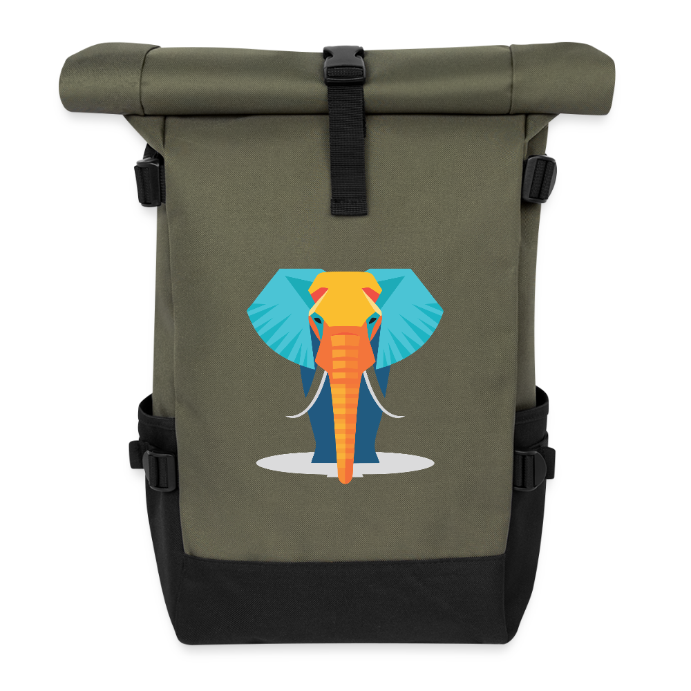 Rolltop Rucksack Elefant bunt - Olive/Schwarz