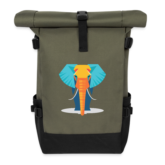 Rolltop Rucksack Elefant bunt - Olive/Schwarz